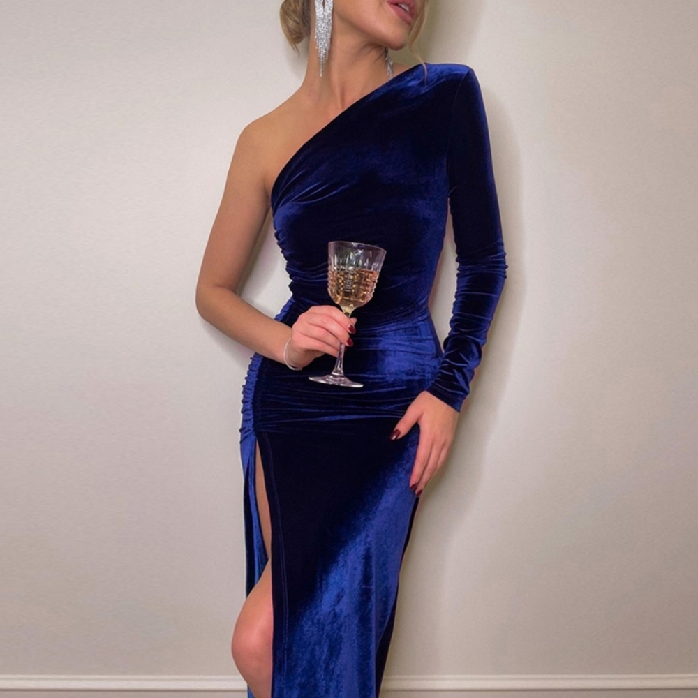 Sapphire Blue Velvet Ruched One Shoulder High Slit Cocktail Midi Dress